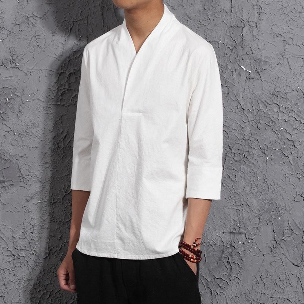 Kimonoshi White V-Neck Causal Kimono Shirt (No Buttons)